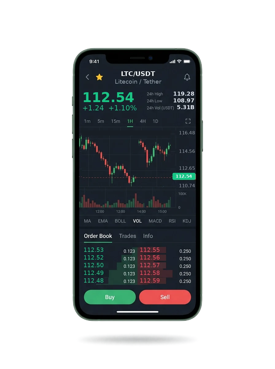 Romstivorex — BTC/USDT live candlestick chart, order book and one-tap Buy/Sell on mobile